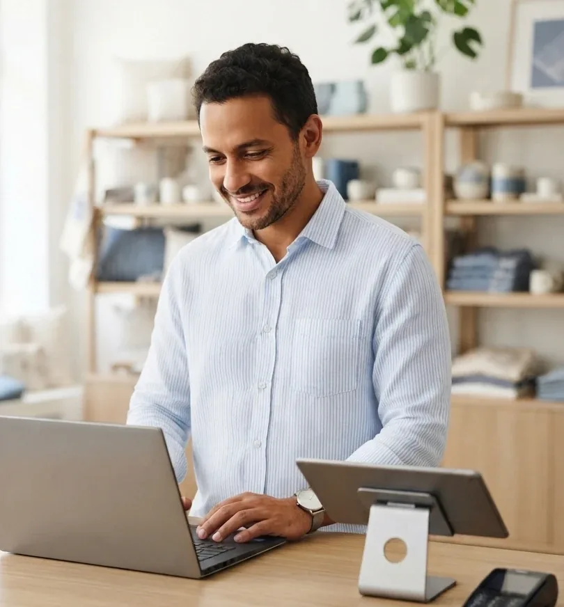 Empreendedor sorridente registrando uma venda no notebook da loja