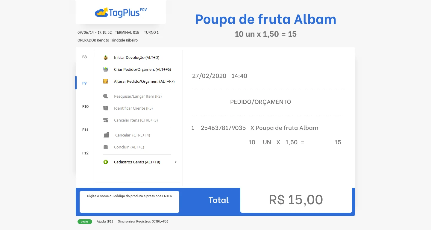 Tela do Ponto de Venda (PDV) TagPlus